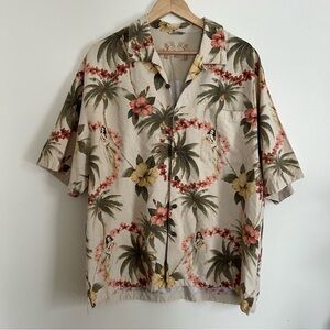 Montego Mon 100% Silk Hawaiian Tropical Print Hawaii Button Down Tan Shirt XL